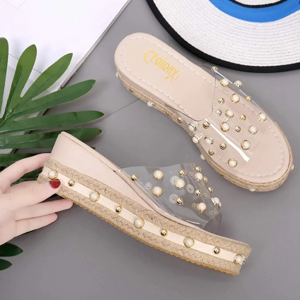 MIOKE Women's Pearls Clear Platform Slide Sandals Espadrille Open Toe Slip On Thick Bottom Wedge Sandal
