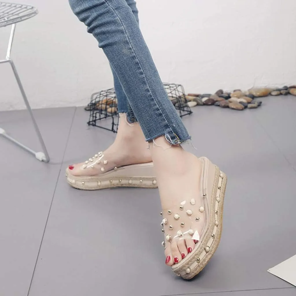 MIOKE Women's Pearls Clear Platform Slide Sandals Espadrille Open Toe Slip On Thick Bottom Wedge Sandal