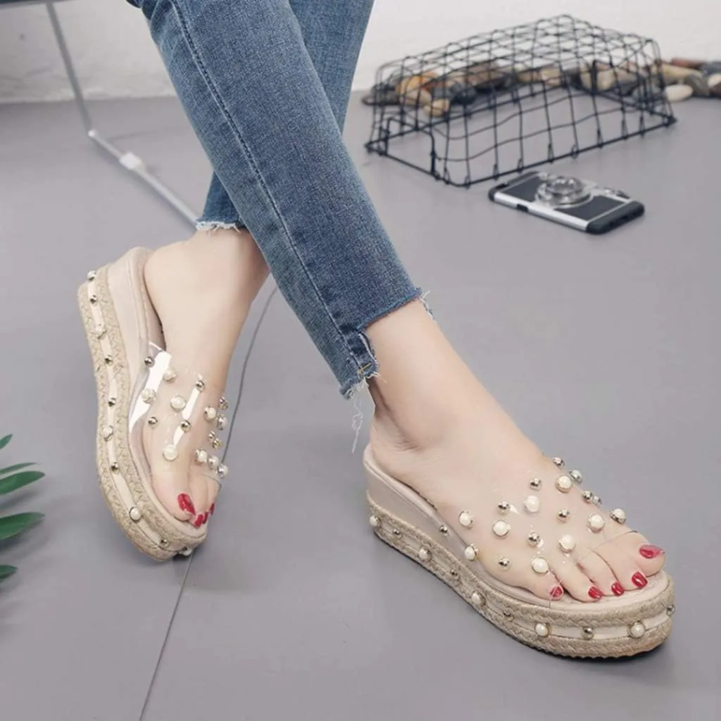 MIOKE Women's Pearls Clear Platform Slide Sandals Espadrille Open Toe Slip On Thick Bottom Wedge Sandal