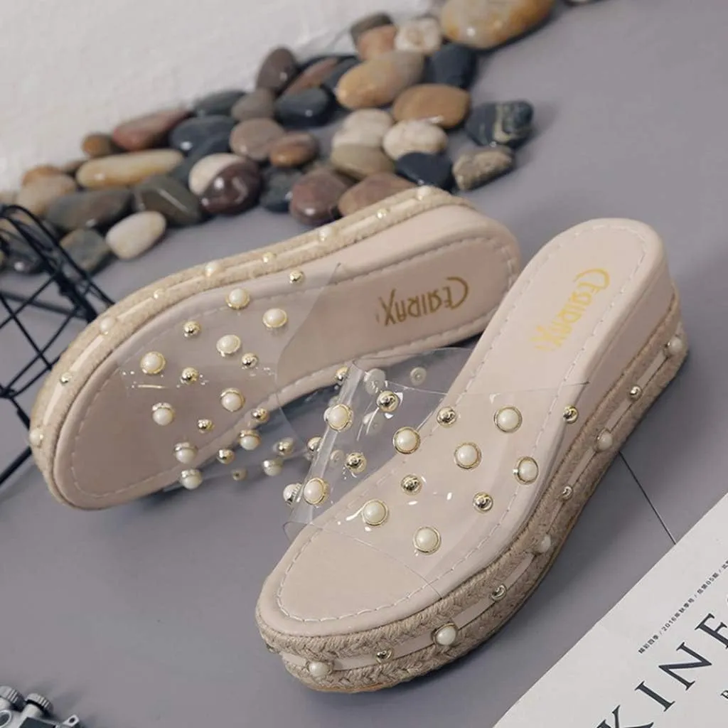 MIOKE Women's Pearls Clear Platform Slide Sandals Espadrille Open Toe Slip On Thick Bottom Wedge Sandal