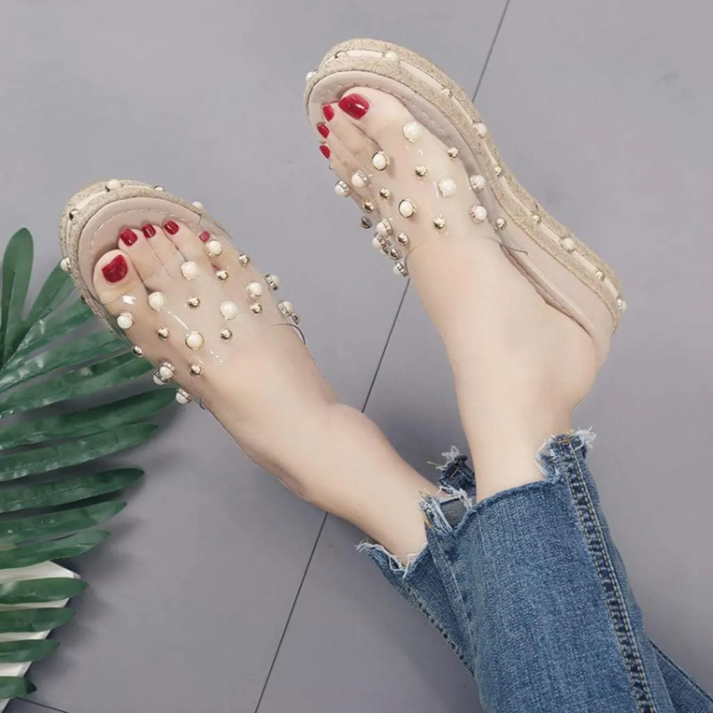 MIOKE Women's Pearls Clear Platform Slide Sandals Espadrille Open Toe Slip On Thick Bottom Wedge Sandal