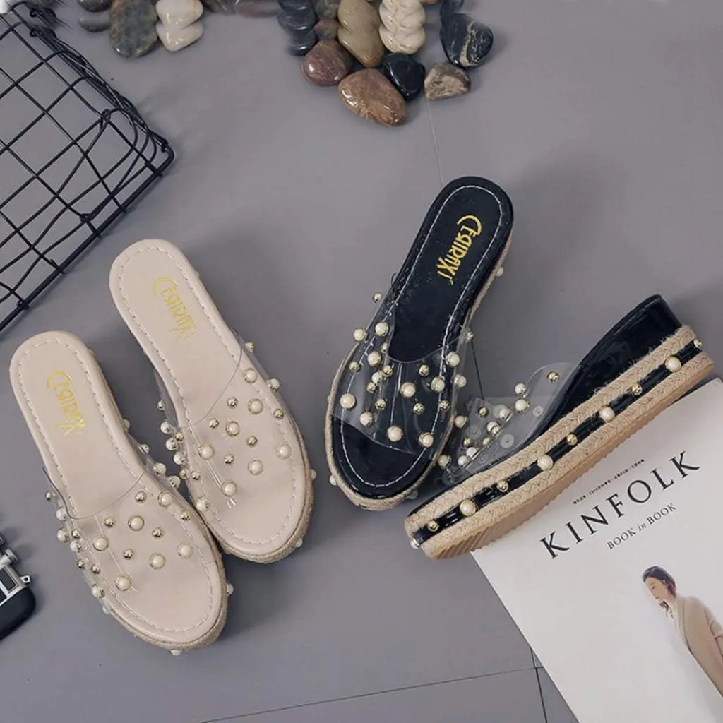 MIOKE Women's Pearls Clear Platform Slide Sandals Espadrille Open Toe Slip On Thick Bottom Wedge Sandal