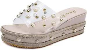 MIOKE Women's Pearls Clear Platform Slide Sandals Espadrille Open Toe Slip On Thick Bottom Wedge Sandal