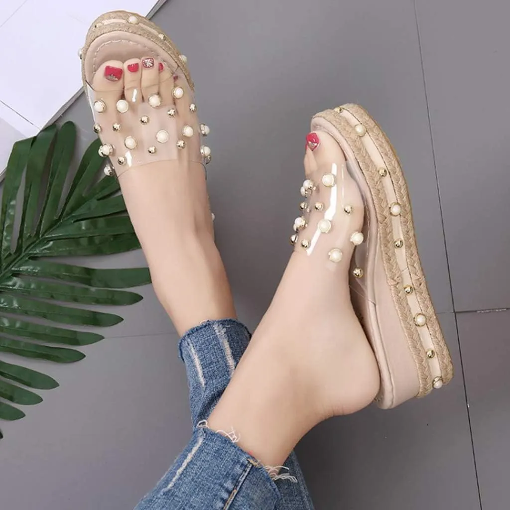 MIOKE Women's Pearls Clear Platform Slide Sandals Espadrille Open Toe Slip On Thick Bottom Wedge Sandal