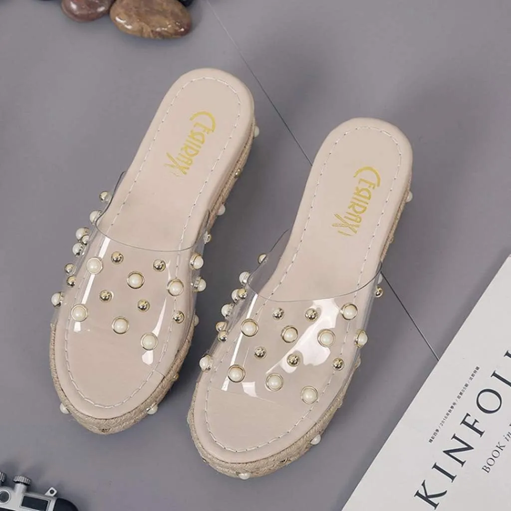 MIOKE Women's Pearls Clear Platform Slide Sandals Espadrille Open Toe Slip On Thick Bottom Wedge Sandal