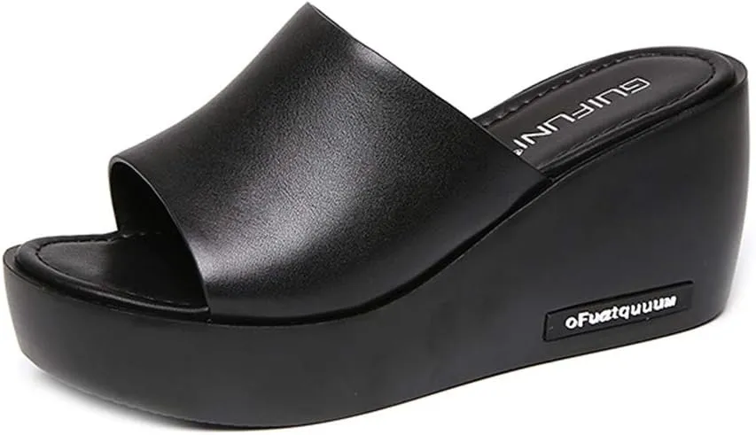 MIOKE Women's Slip On Wedge Slide Sandals Casual Peep Toe Comfort Summer Chunky High Heel Platform Sandal