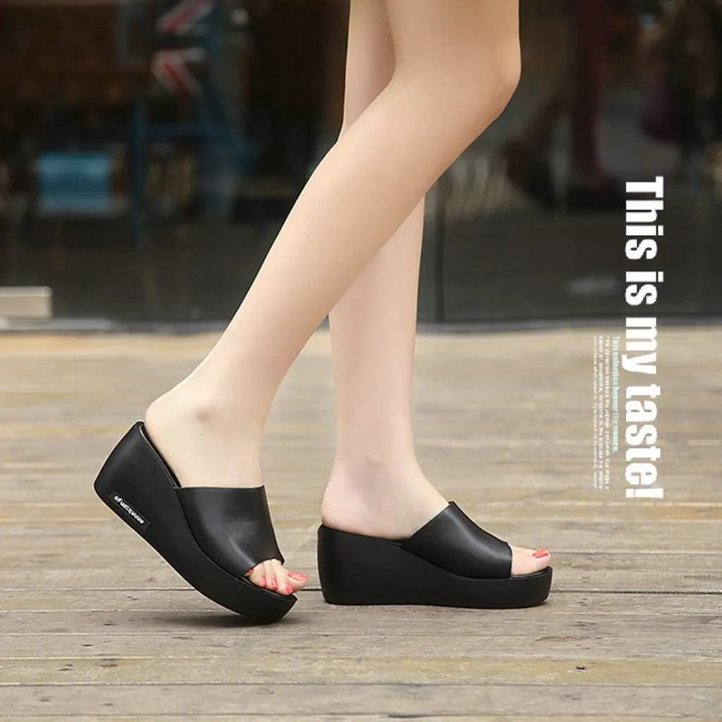 MIOKE Women's Slip On Wedge Slide Sandals Casual Peep Toe Comfort Summer Chunky High Heel Platform Sandal