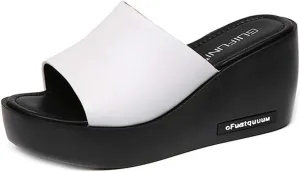 MIOKE Women's Slip On Wedge Slide Sandals Casual Peep Toe Comfort Summer Chunky High Heel Platform Sandal