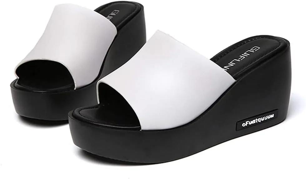 MIOKE Women's Slip On Wedge Slide Sandals Casual Peep Toe Comfort Summer Chunky High Heel Platform Sandal