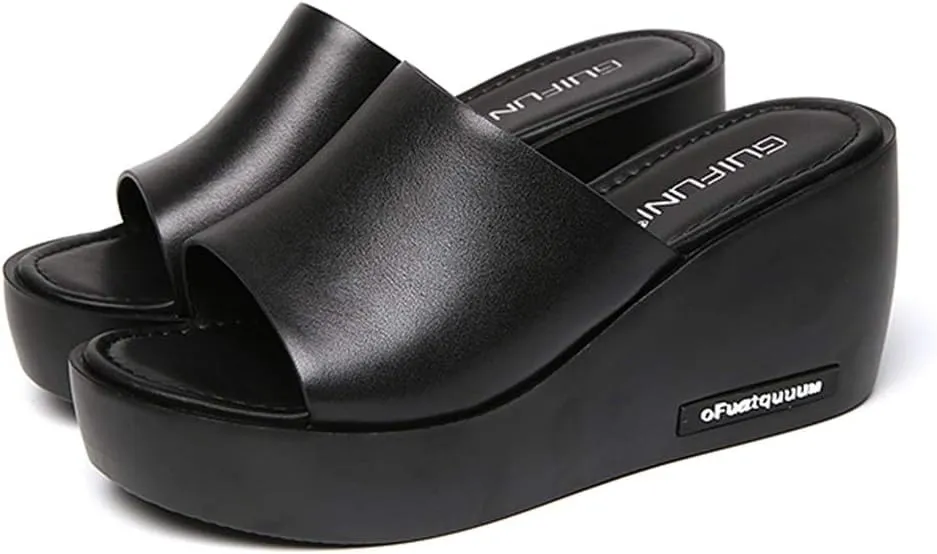 MIOKE Women's Slip On Wedge Slide Sandals Casual Peep Toe Comfort Summer Chunky High Heel Platform Sandal