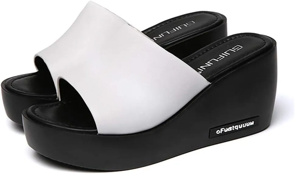 MIOKE Women's Slip On Wedge Slide Sandals Casual Peep Toe Comfort Summer Chunky High Heel Platform Sandal