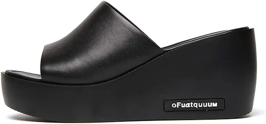 MIOKE Women's Slip On Wedge Slide Sandals Casual Peep Toe Comfort Summer Chunky High Heel Platform Sandal