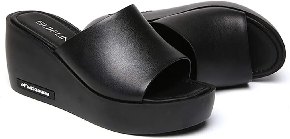 MIOKE Women's Slip On Wedge Slide Sandals Casual Peep Toe Comfort Summer Chunky High Heel Platform Sandal