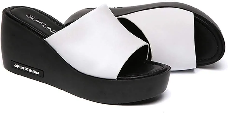 MIOKE Women's Slip On Wedge Slide Sandals Casual Peep Toe Comfort Summer Chunky High Heel Platform Sandal
