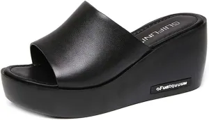 MIOKE Women's Slip On Wedge Slide Sandals Casual Peep Toe Comfort Summer Chunky High Heel Platform Sandal