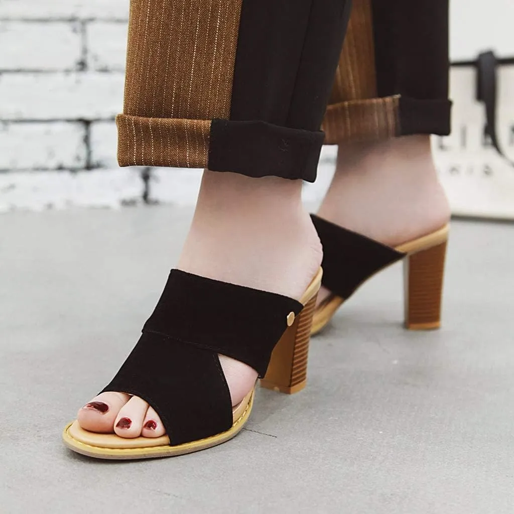 MIOKE Women's Stack Block Heel Slide Sandals Peep Toe Suede Slip On Mules Comfort Dress Heeled Sandal