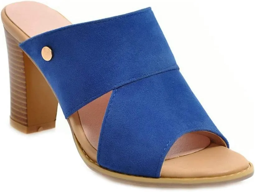 MIOKE Women's Stack Block Heel Slide Sandals Peep Toe Suede Slip On Mules Comfort Dress Heeled Sandal