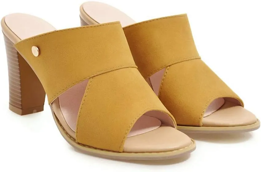 MIOKE Women's Stack Block Heel Slide Sandals Peep Toe Suede Slip On Mules Comfort Dress Heeled Sandal
