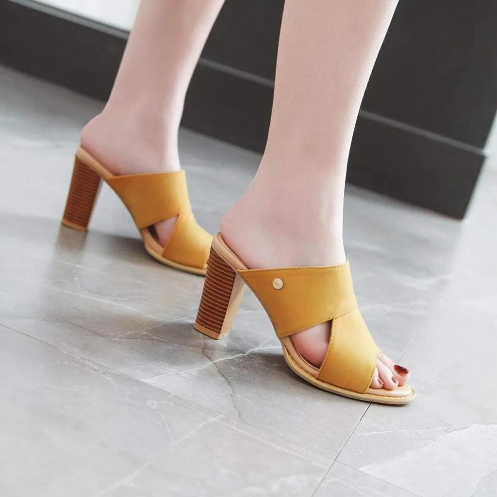 MIOKE Women's Stack Block Heel Slide Sandals Peep Toe Suede Slip On Mules Comfort Dress Heeled Sandal
