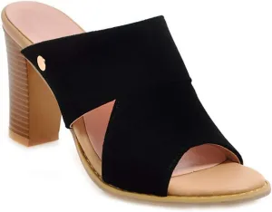 MIOKE Women's Stack Block Heel Slide Sandals Peep Toe Suede Slip On Mules Comfort Dress Heeled Sandal