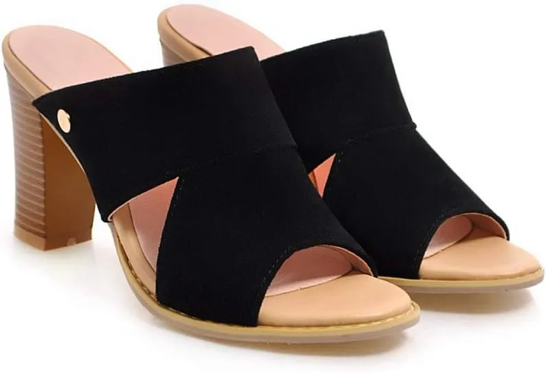 MIOKE Women's Stack Block Heel Slide Sandals Peep Toe Suede Slip On Mules Comfort Dress Heeled Sandal