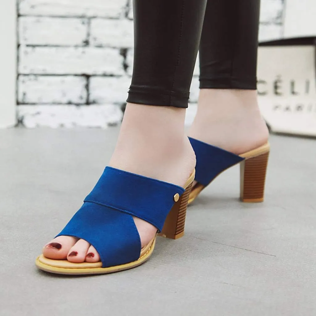 MIOKE Women's Stack Block Heel Slide Sandals Peep Toe Suede Slip On Mules Comfort Dress Heeled Sandal