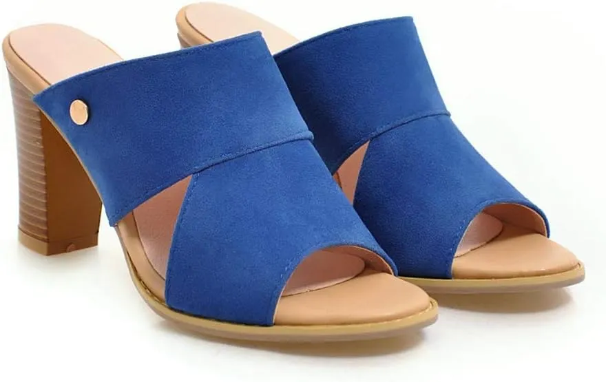 MIOKE Women's Stack Block Heel Slide Sandals Peep Toe Suede Slip On Mules Comfort Dress Heeled Sandal