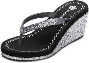 MIOKE Women's Wedge High Heel Flipflops Sandals Glitter Sequin Platform Comfy Nonslip Summer Thong Sandal