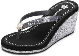 MIOKE Women's Wedge High Heel Flipflops Sandals Glitter Sequin Platform Comfy Nonslip Summer Thong Sandal