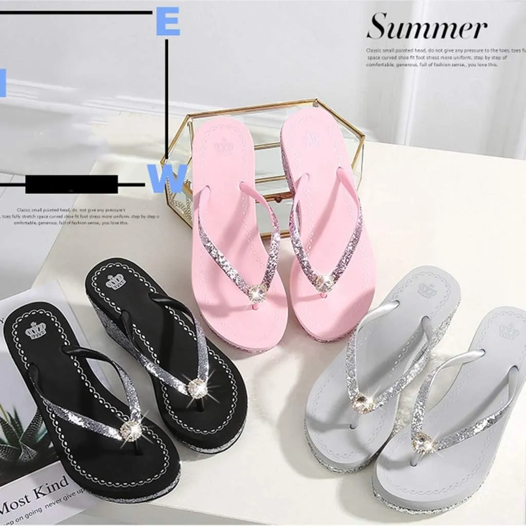 MIOKE Women's Wedge High Heel Flipflops Sandals Glitter Sequin Platform Comfy Nonslip Summer Thong Sandal