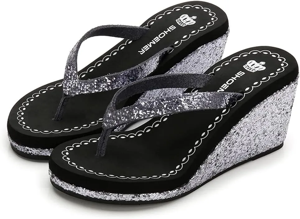 MIOKE Women's Wedge High Heel Flipflops Sandals Glitter Sequin Platform Comfy Nonslip Summer Thong Sandal