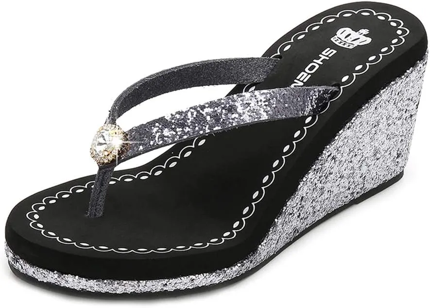 MIOKE Women's Wedge High Heel Flipflops Sandals Glitter Sequin Platform Comfy Nonslip Summer Thong Sandal