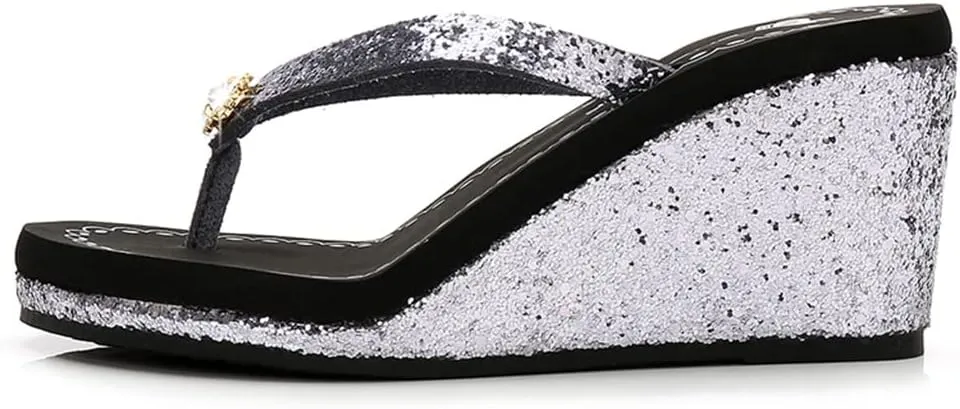 MIOKE Women's Wedge High Heel Flipflops Sandals Glitter Sequin Platform Comfy Nonslip Summer Thong Sandal