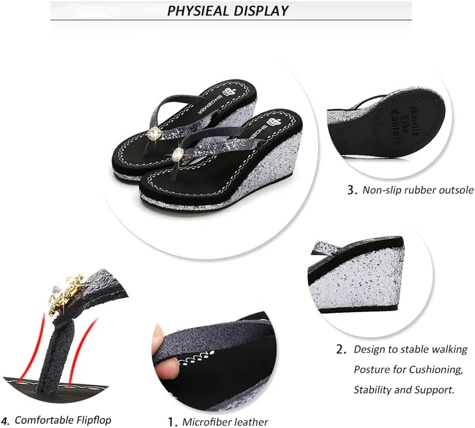 MIOKE Women's Wedge High Heel Flipflops Sandals Glitter Sequin Platform Comfy Nonslip Summer Thong Sandal