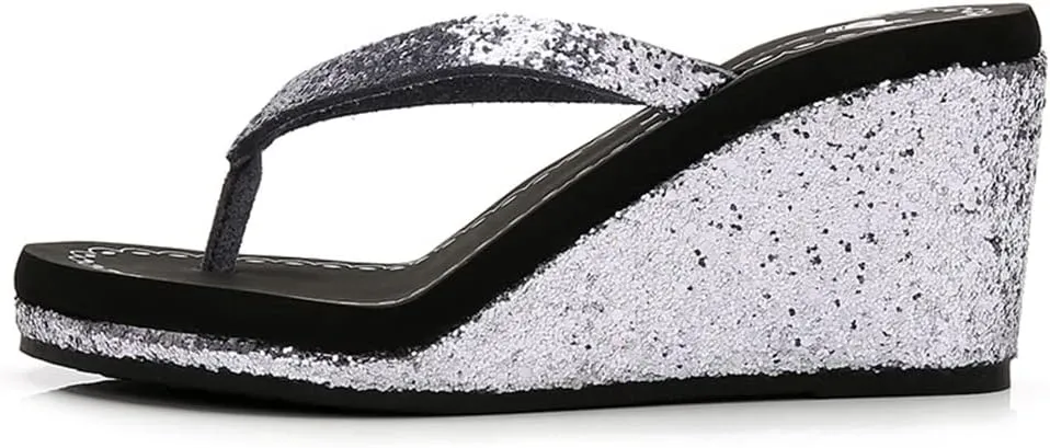 MIOKE Women's Wedge High Heel Flipflops Sandals Glitter Sequin Platform Comfy Nonslip Summer Thong Sandal