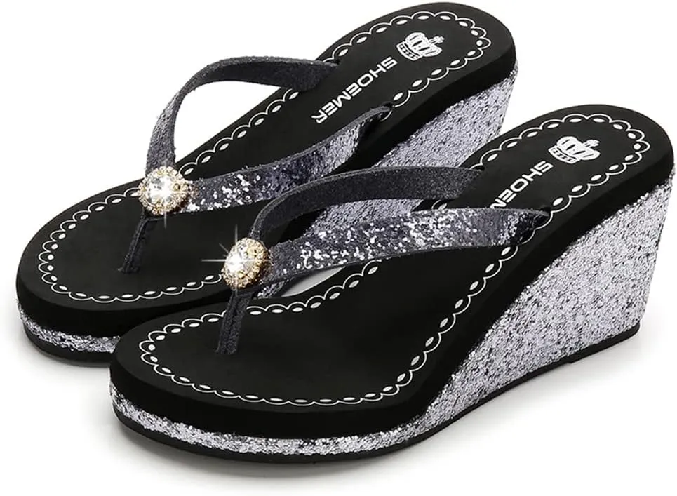 MIOKE Women's Wedge High Heel Flipflops Sandals Glitter Sequin Platform Comfy Nonslip Summer Thong Sandal