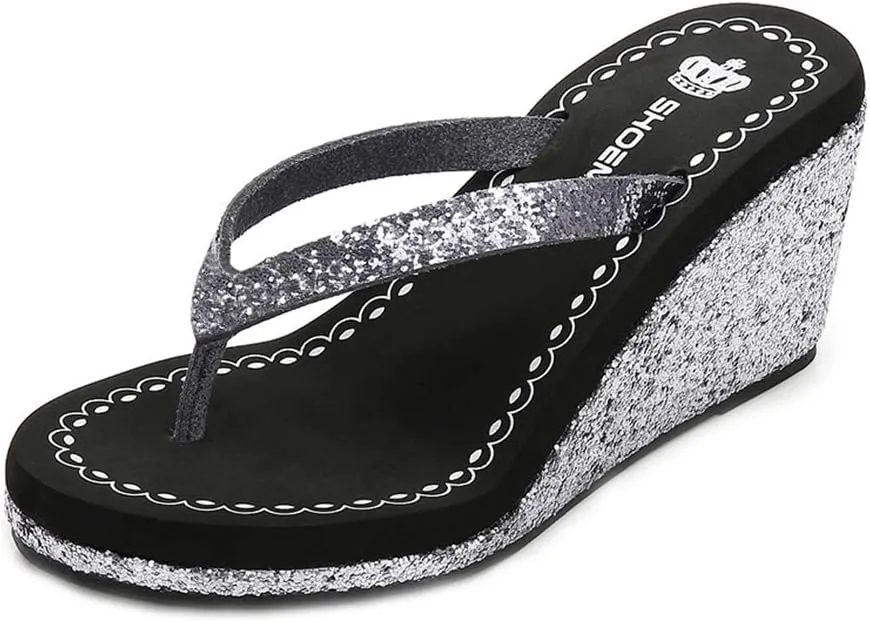 MIOKE Women's Wedge High Heel Flipflops Sandals Glitter Sequin Platform Comfy Nonslip Summer Thong Sandal