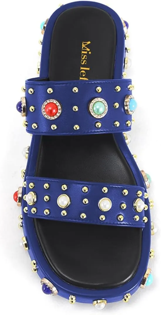 miss left Women Charming Open Toe Jewelled Slide Sandals Platform Comfy Insole Slip on Mules Lightweight Summer Leisure Daily Slippers Size 4-16 US