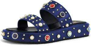 miss left Women Charming Open Toe Jewelled Slide Sandals Platform Comfy Insole Slip on Mules Lightweight Summer Leisure Daily Slippers Size 4-16 US