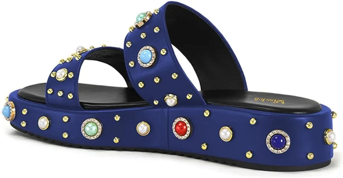 miss left Women Charming Open Toe Jewelled Slide Sandals Platform Comfy Insole Slip on Mules Lightweight Summer Leisure Daily Slippers Size 4-16 US