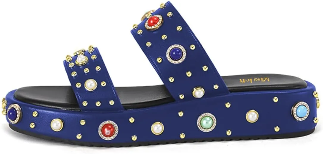 miss left Women Charming Open Toe Jewelled Slide Sandals Platform Comfy Insole Slip on Mules Lightweight Summer Leisure Daily Slippers Size 4-16 US