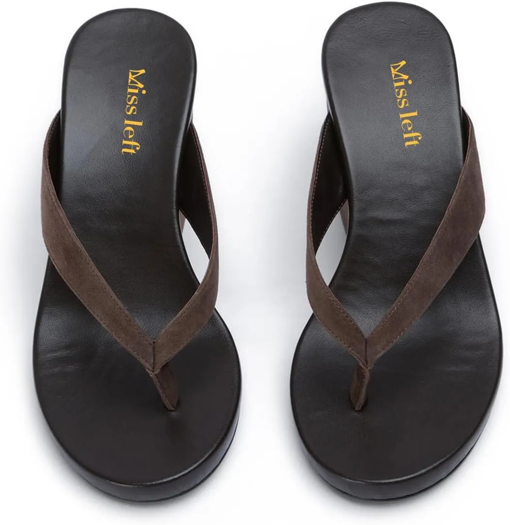 miss left Women Fashion Open Round Toe Flip Flops Wedge High Heel Slip on Mule Comfortable Summer Beach Casual Daily Slippers Size 4-16 US