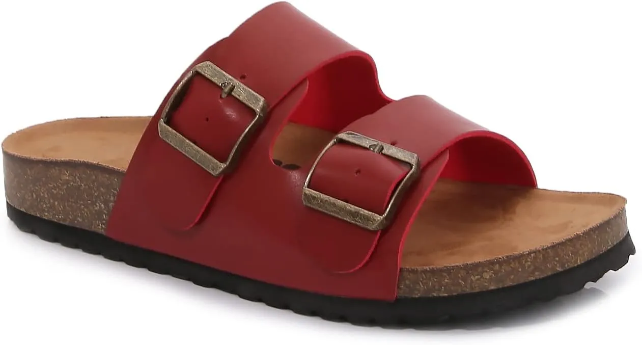 mm Women Soft Cork Cushioned Footbed PU Leather Double Strap Slider Sandal