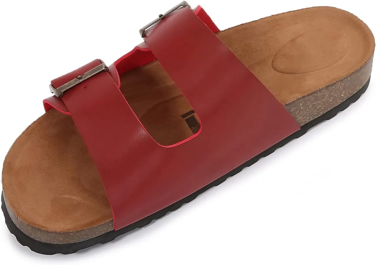 mm Women Soft Cork Cushioned Footbed PU Leather Double Strap Slider Sandal