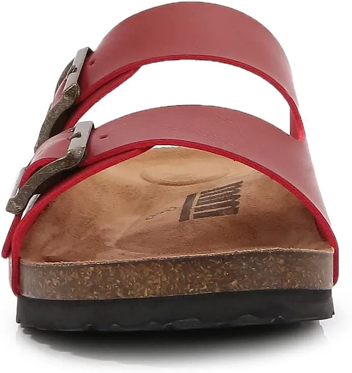 mm Women Soft Cork Cushioned Footbed PU Leather Double Strap Slider Sandal