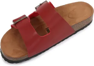 mm Women Soft Cork Cushioned Footbed PU Leather Double Strap Slider Sandal