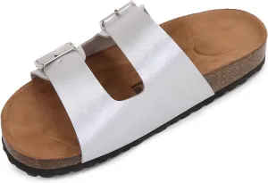 mm Women Soft Cork Cushioned Footbed PU Leather Double Strap Slider Sandal