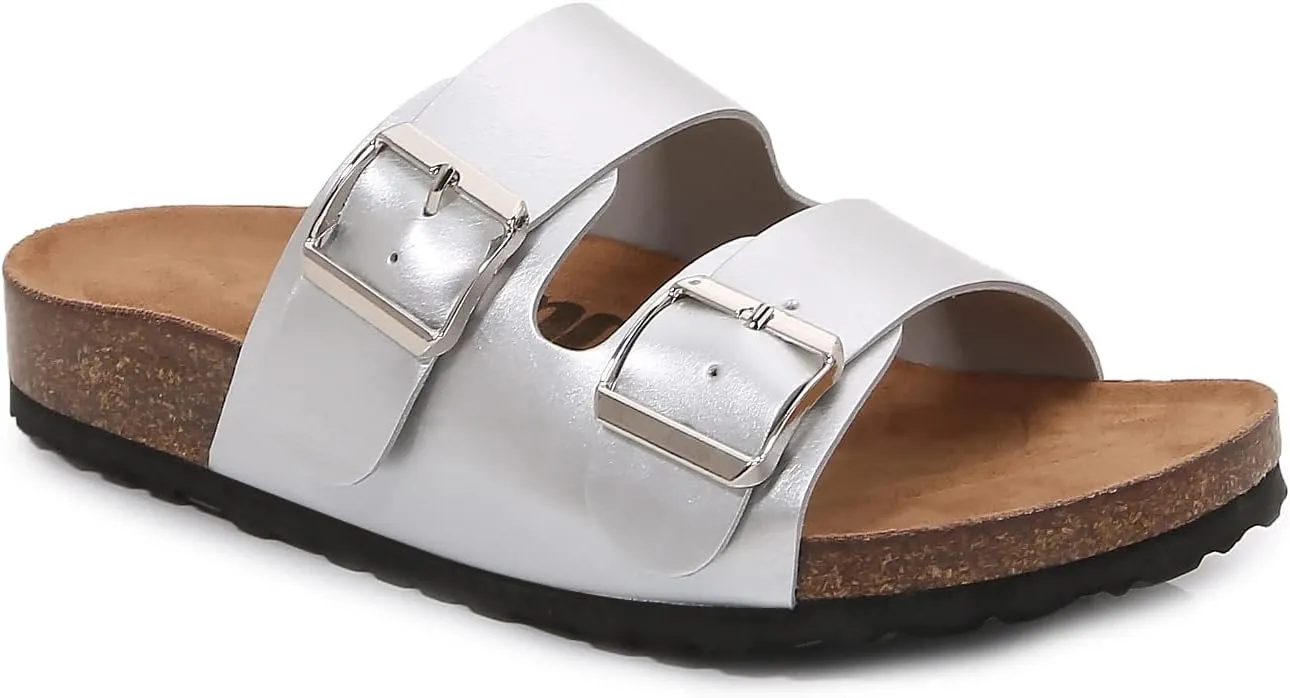 mm Women Soft Cork Cushioned Footbed PU Leather Double Strap Slider Sandal