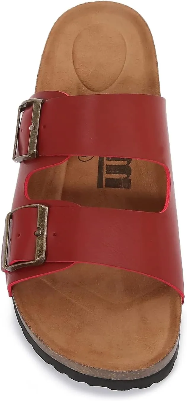 mm Women Soft Cork Cushioned Footbed PU Leather Double Strap Slider Sandal