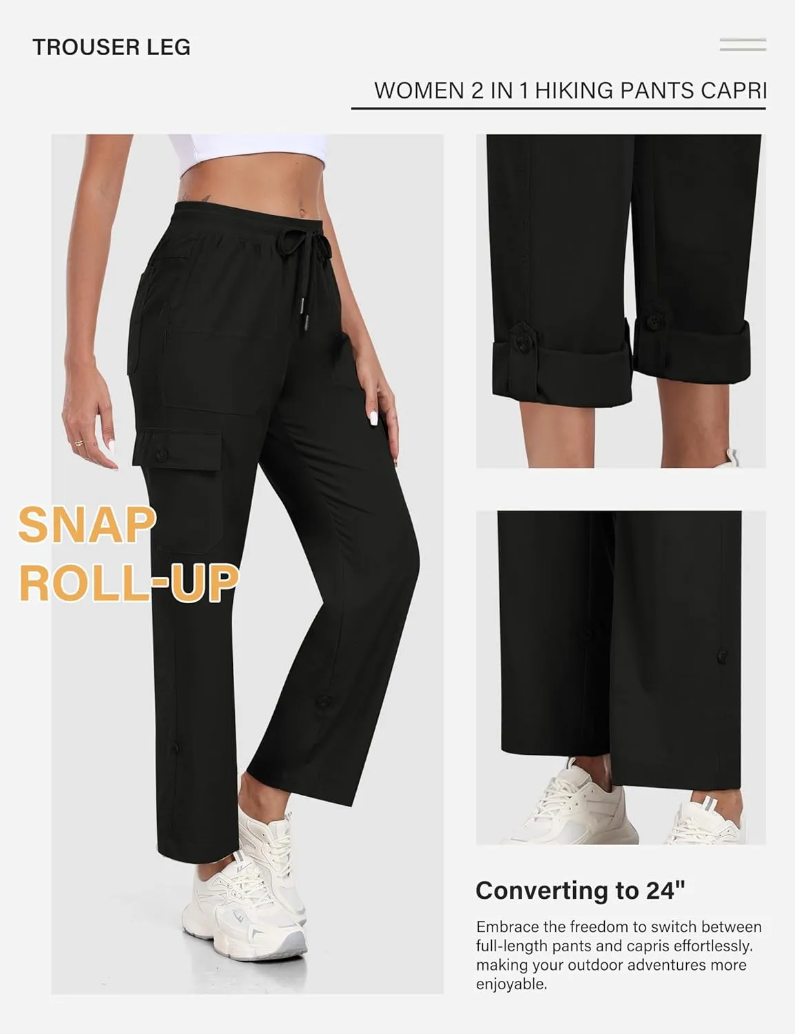 MoFiz Women's Hiking Pants Roll Up Convertible Capri Pant Lightweight Quick Dry Outdoor Travel Athletic Pants Pockets
